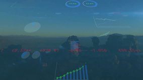 Morning ridge view activating HUD overlay animating charts, bars and circles showing financial data. Analytics, visualization, digital, technology, environmental, success, data - Powered by Shutterstock - Get 15% off with code: PIKWIZARD15