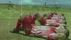 Grid overlay appearing initiating tracking, six soccer players doing ab crunches by cones syncing. Athletic, fitness, teamwork, outdoor, training, performance, modern - Powered by Shutterstock - Get 15% off with code: PIKWIZARD15