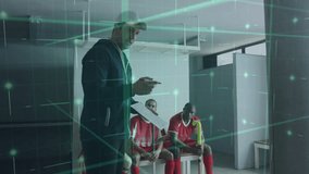 Coach tapping smartphone and noting beside hockey players, intensifying digital grid for strategy. Sports, teamwork, strategy, digital, high-tech, coaching, athletic - Powered by Shutterstock - Get 15% off with code: PIKWIZARD15