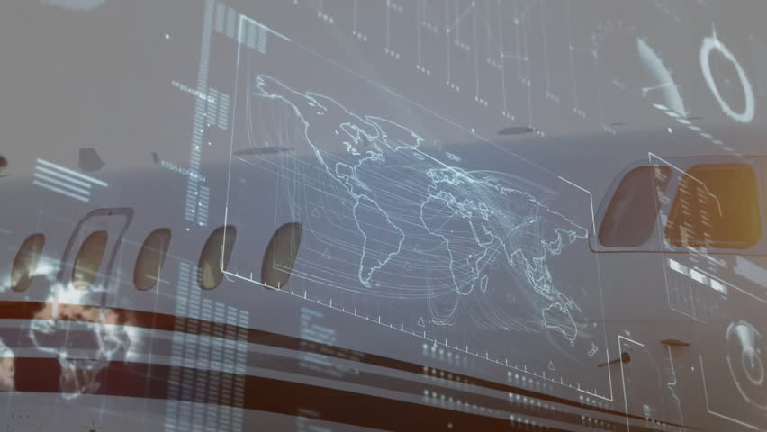 On power up business jet cockpit showing holographic map pulsing UI panels visualizing flight data. Futuristic, technology, aviation, interface, digital, aerospace, data visualization - Powered by Shutterstock - Get 15% off with code: PIKWIZARD15