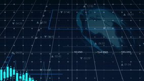 On dark grid with world map, bar chart emerging fluctuating graphs icons fading showing market data. Analytics, visualization, technology, digital, infographic, economics, data - Powered by Shutterstock - Get 15% off with code: PIKWIZARD15