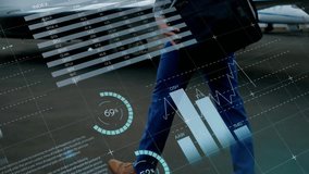 Businessman walking past jet and causing finance graphs shifting with steps for realtime analysis. Luxury, corporate, aviation, technology, finance, success, professionalism - Powered by Shutterstock - Get 15% off with code: PIKWIZARD15