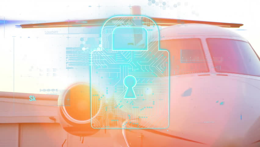 Sunlight initiating private jet diagnostics, padlock animating, code scanning, status functioning. Automation, cybersecurity, aviation, technology, security, digital, innovation