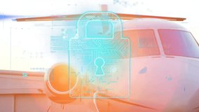 Sunlight initiating private jet diagnostics, padlock animating, code scanning, status functioning. Automation, cybersecurity, aviation, technology, security, digital, innovation - Powered by Shutterstock - Get 15% off with code: PIKWIZARD15