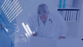 Doctor adjusting posture in patient data review with nurse pointing at laptop as charts overlaying. Medical teamwork, healthcare, digital interface, data analysis, clinical consultation, professional - Powered by Shutterstock - Get 15% off with code: PIKWIZARD15