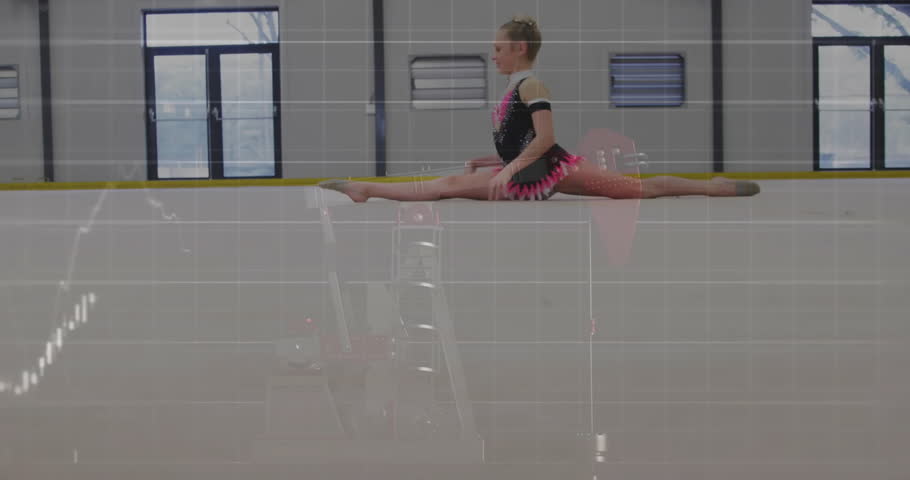 Girl stepping onto bordered mat activating animated metrics tracking split flexibility in sports. Fitness, flexibility, youth, gymnastics, athleticism, training, performance