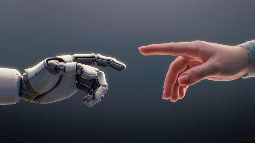 Futuristic Concept of Humanity and Artificial Intelligence Collaboration: Visualization of Humanoid Robot Arm and Human Touching Fingertips. Symbol of Technology and Innovation. Human-Machine Teamwork