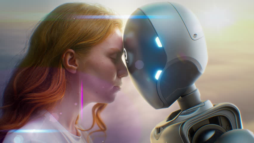 Futuristic Human-Machine Concept: Visualization of Young Woman Gently Touching Foreheads with Humanoid Robot at Sunset. Symbol of Love, Connection, Harmony Between Humanity and Artificial Intelligence