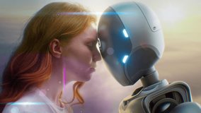 Futuristic Human-Machine Concept: Visualization of Young Woman Gently Touching Foreheads with Humanoid Robot at Sunset. Symbol of Love, Connection, Harmony Between Humanity and Artificial Intelligence - Powered by Shutterstock - Get 15% off with code: PIKWIZARD15