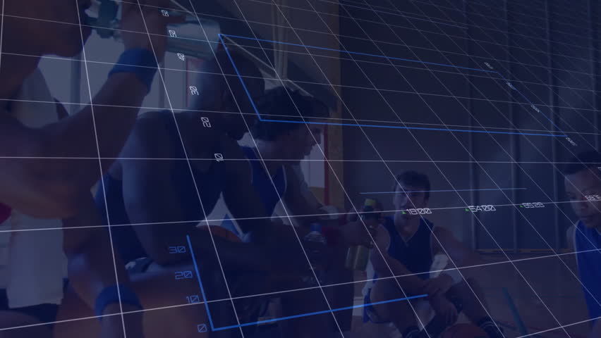 Coach initiating 3D analytics overlay at timeout while players tapping tablet and preparing offense. Athletes, teamwork, performance, digital, innovation, strategy, motivation