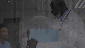 Senior male doctor reviewing chart, passing toward nurse in hospital as binary stream intensifying. Collaboration, healthcare, digital, teamwork, medical, professional, technology - Powered by Shutterstock - Get 15% off with code: PIKWIZARD15