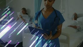 Nurse holding clipboard and reviewing charts monitoring health in ward, streaks animating key data. Healthcare, caregiving, professionalism, patient care, medical environment, compassionate, clinical - Powered by Shutterstock - Get 15% off with code: PIKWIZARD15