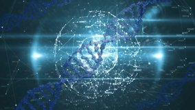 Fading 3D sphere pulsing nodes and codes as DNA helix spiraling round globe showing data fusion. Futuristic, digital, connectivity, innovation, technology, abstract, cyber - Powered by Shutterstock - Get 15% off with code: PIKWIZARD15