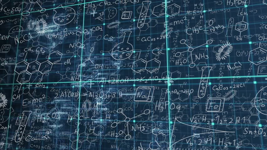 Digital distortion flickering formulas initiating grid shifting and revealing chemical molecules. Molecular, scientific, futuristic, schematic, educational, technological, analytical