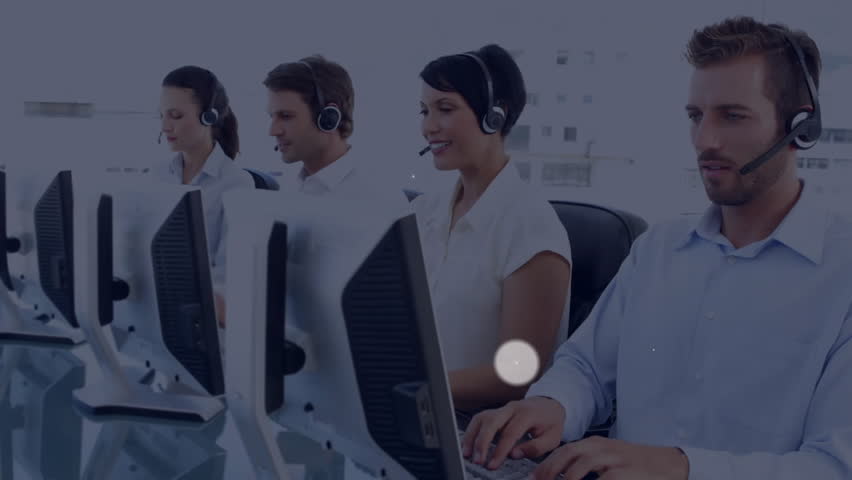 After pause customer support team typing at desks with animated user-icon nodes showing call links. Collaboration, communication, technology, connectivity, professionalism, data visualization, team - Powered by Shutterstock - Get 15% off with code: PIKWIZARD15