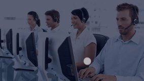 After pause customer support team typing at desks with animated user-icon nodes showing call links. Collaboration, communication, technology, connectivity, professionalism, data visualization, team - Powered by Shutterstock - Get 15% off with code: PIKWIZARD15