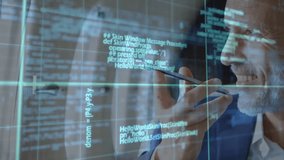 Business leader pressing smartphone mic issuing voice command while code overlay scrolling testing. Technology, innovation, programming, digital, communication, modern, leadership - Powered by Shutterstock - Get 15% off with code: PIKWIZARD15