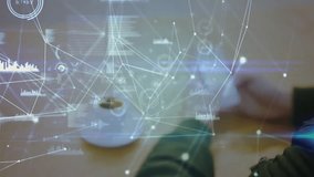 Man scanning smartphone beside coffee cup showing tech network overlay, then lifting phone to ear. Technology, innovation, communication, digital, futuristic, data visualization, business - Powered by Shutterstock - Get 15% off with code: PIKWIZARD15