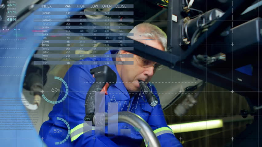 Vehicle tech kneeling under chassis blowing device grabbing torch and scanning hoses with pie chart. Industrial, maintenance, diagnostics, digital, precision, safety, engineering