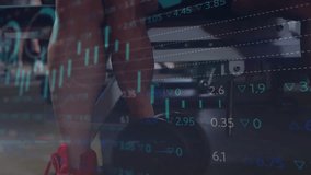 Man pressing dumbbell on bench while animated financial charts pulsing and tracking performance. Strength, fitness, analytics, data visualization, performance, performance tracking, workout - Powered by Shutterstock - Get 15% off with code: PIKWIZARD15