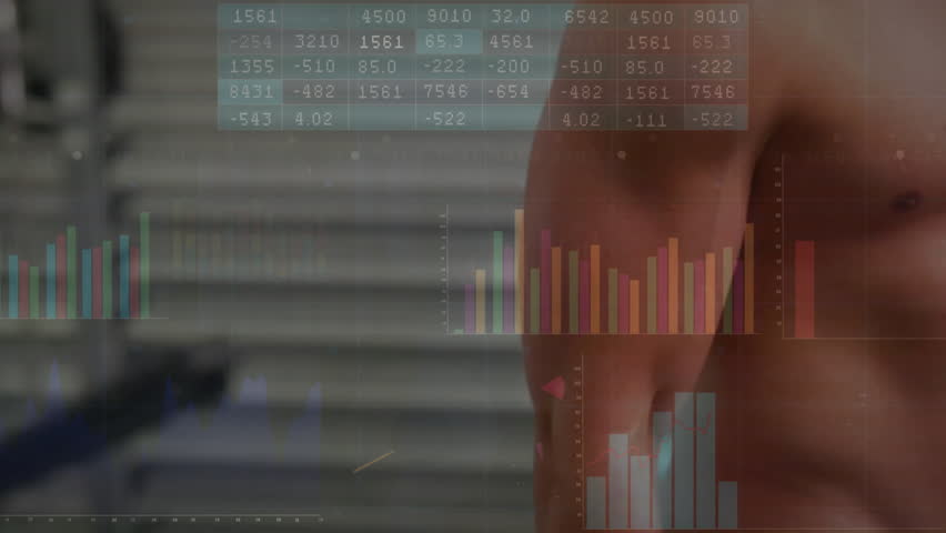 Man initiating biceps curl before shutter door, tracking gym reps with animated charts on torso. Muscular, strength, workout, fitness, digital, data, industrial