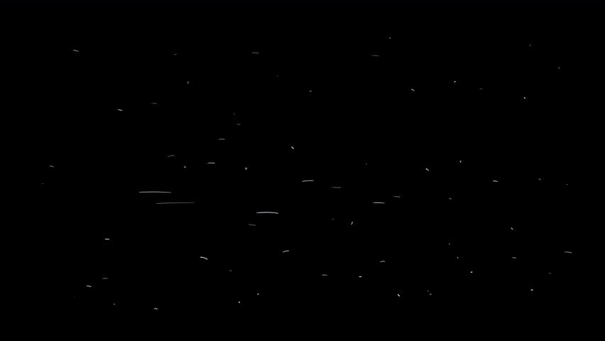 Small white scratches on a black background. Concept of wind wandering through a field. Airy motion effect in 4K with alpha channel.