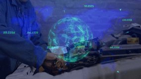 Mechanic leaning over engine bay and using holo globe while adjusting connection for auto repair. Technology, innovation, diagnostics, automotive, repair, futuristic, mechanics - Powered by Shutterstock - Get 15% off with code: PIKWIZARD15