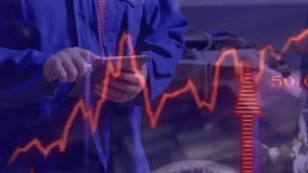 Technician tapping tablet screen and showing red blue graphs for workshop data analysis. Industrial, technology, analytics, machinery, collaboration, digital, engineering - Powered by Shutterstock - Get 15% off with code: PIKWIZARD15