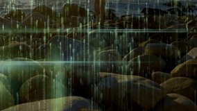 Digital glitch shifting, model emerging on rocky shore performing star jumps showcasing branding. Abstract, dynamic, vibrant, energetic, minimalist, natural, movement - Powered by Shutterstock - Get 15% off with code: PIKWIZARD15