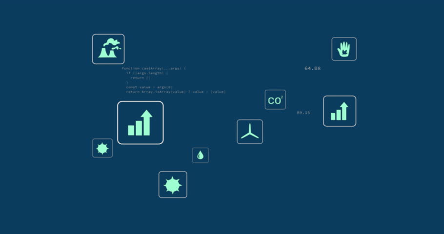 Scrolling code behind eco icons, updating data and highlighting water droplet icon for analytics. Sustainability, data visualization, digital interface, environmental metrics, eco analytics,