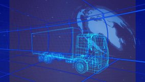 Wireframe truck appearing with rotating globe, pulsing data and orbiting camera conveying freight. Technology, logistics, data, innovation, transportation, digital, futurism - Powered by Shutterstock - Get 15% off with code: PIKWIZARD15