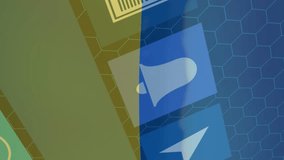 Animation of media icons over flag of ukraine and electricity pylon. Ukraine, social media, energy and communication interface concept digitally generated video. - Powered by Shutterstock - Get 15% off with code: PIKWIZARD15