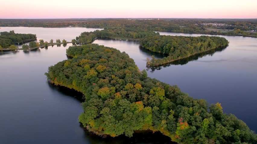 Aerial view of scenic metro park in Michigan near Detroit during twilight.