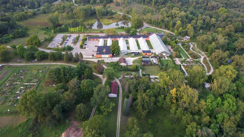 Aerial view of University of Michigan s Matthaei Botanical Gardens in Ann Arbor, Michigan during summer time.