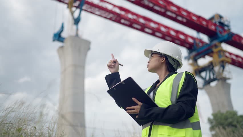 A woman wearing a yellow vest and a hard hat is holding a clipboard. She is pointing to something on the clipboard