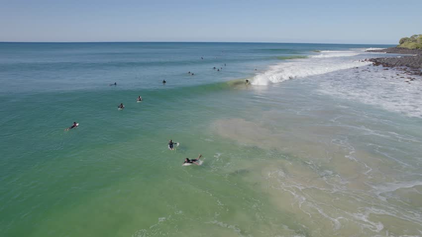 Aerial views of surfers at Burleigh beach, Queensland, Australia 