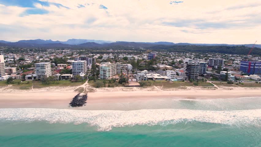 Aerial views of Palm Beach on the Gold Coast with skyline in the background, Queensland, Australia 