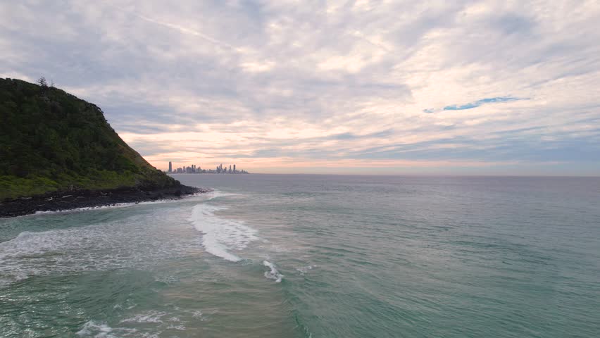 Aerial views of the Gold Coast skyline from Tallebudgera Creek, Queensland, Australia