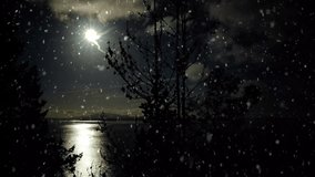 A serene winter night scene with heavy snow falling over a tranquil lake under the moonlight. - Powered by Shutterstock - Get 15% off with code: PIKWIZARD15