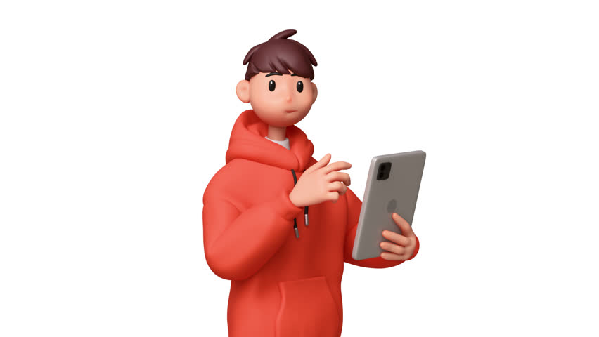 3d animation portrait of stylized excited cheerful asian brunette student boy in casual fashion clothes, red hooded shirt, holding digital tablet in hand for remote work, reading on white background.
