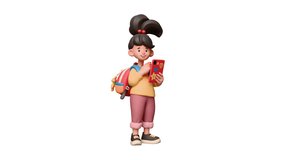 3d animation of stylized excited cheerful asian child girl, casual fashion clothes, yellow pullover with red school backpack holds digital tablet in hand, colorful stickers on case on white background - Powered by Shutterstock - Get 15% off with code: PIKWIZARD15