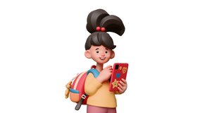 3d animation portrait of stylized excited asian child girl, casual fashion clothes, yellow pullover with red school backpack holds digital tablet in hand, colorful stickers on case on white background - Powered by Shutterstock - Get 15% off with code: PIKWIZARD15