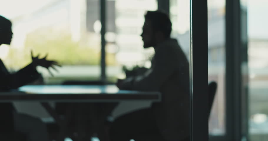 Office, lawyer and discussion with client, people or explaining legal procedure, plan or silhouette. Consultation, attorney and talking with man in law firm, justice and meeting for case or blur