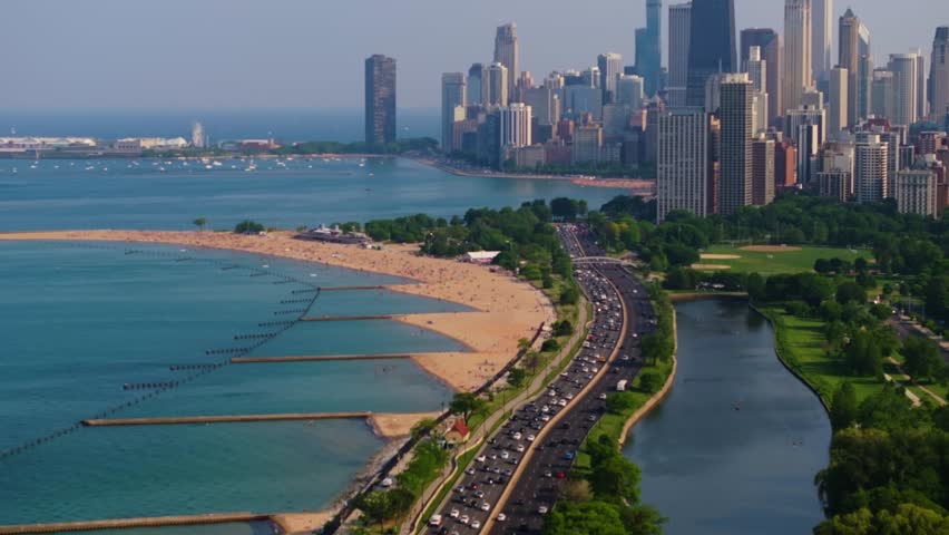 Birds Eye Above Lake Shore Drive, North Avenue Beach, Lake Michigan in Chicago. Aerial View