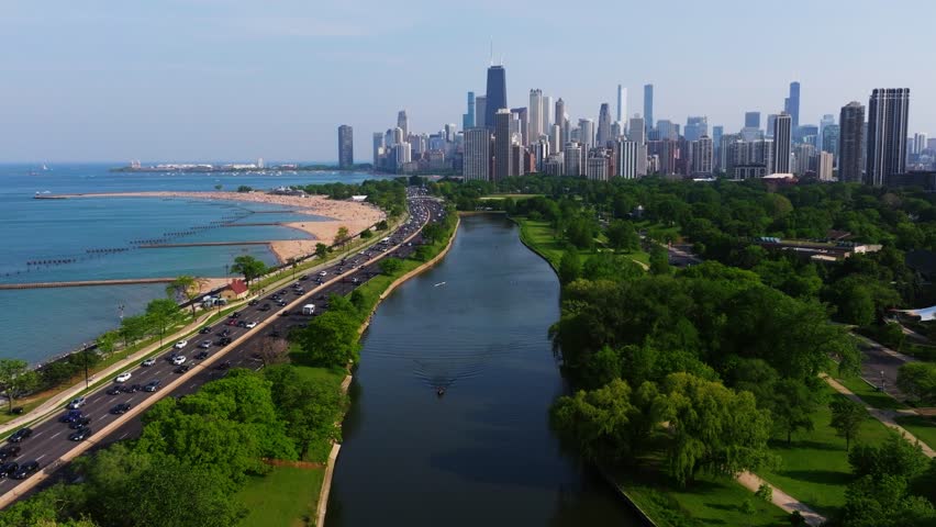 Cinematic Drone Shot Reveals Spectacular Chicago Skyline on Summer Day. USA