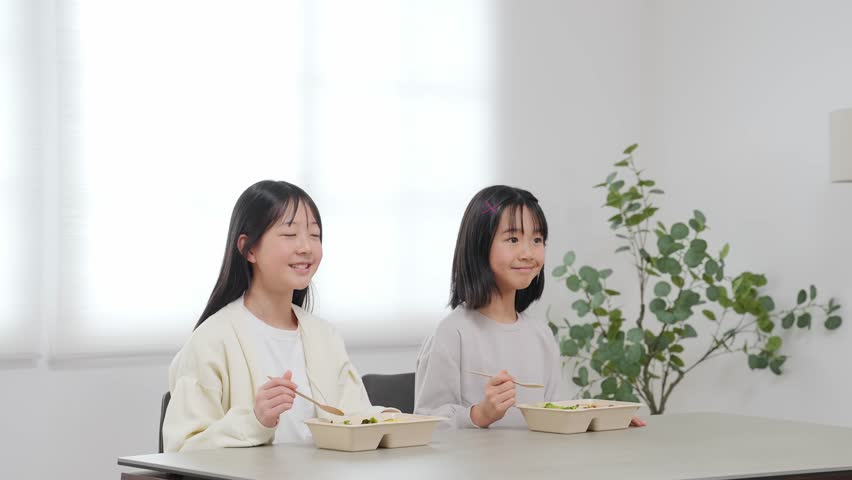 Two girls eating lunch in a room
