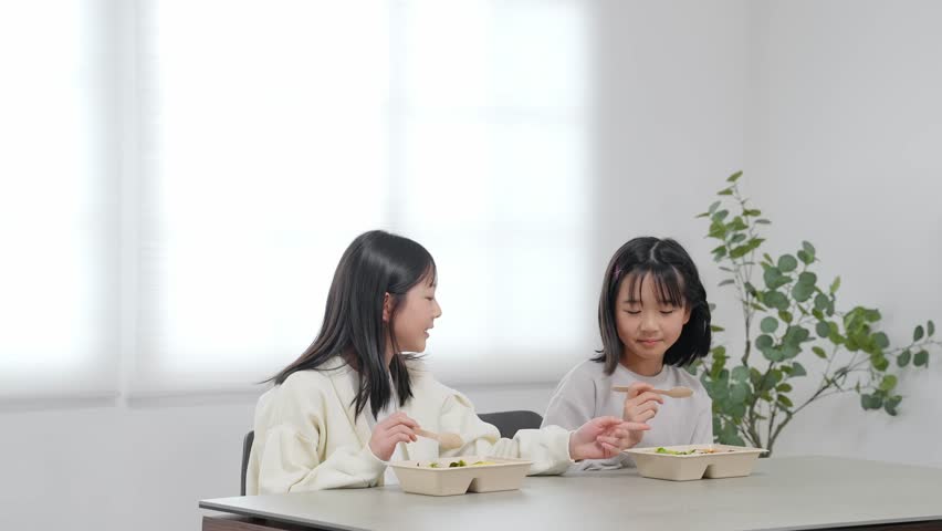 Two girls eating lunch in a room