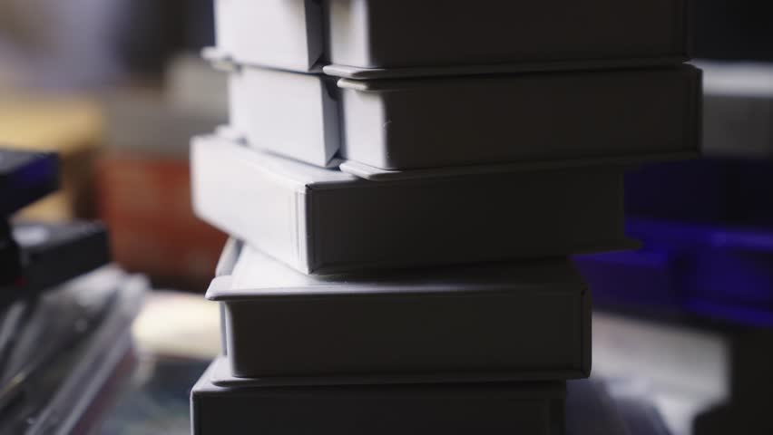 Stacks of home media archive digital video cassette recording tapes