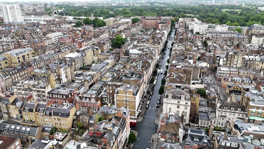 Harley Street London UK drone,aerial push in shot