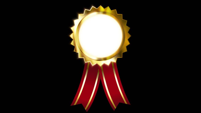 Luxurious animated golden badge icon with a glowing circular medallion and red ribbon, set against a black background.